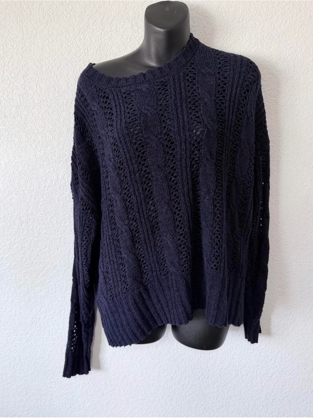 Cyrus Navy Open-Knit Off-the-Shoulder Sweater